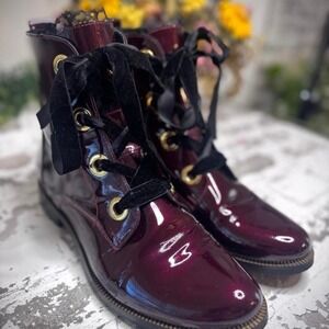Badura Burgundy Patent Leather Lace-Up Ankle Boots Victorian Inspired look US 8